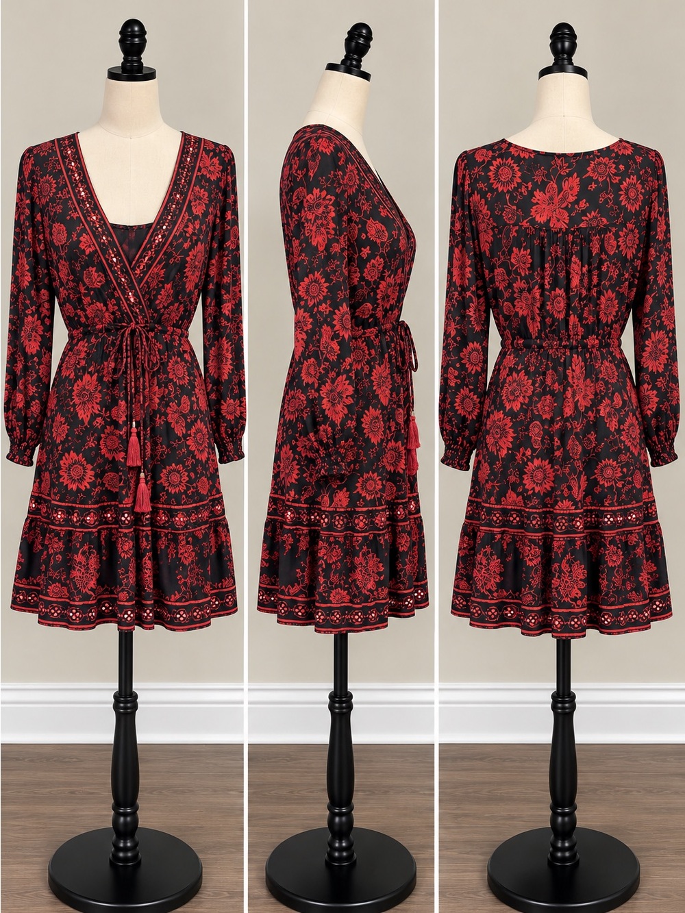 Chadwicks Black Dress with Red Floral Print, Long Sleeve Maxi